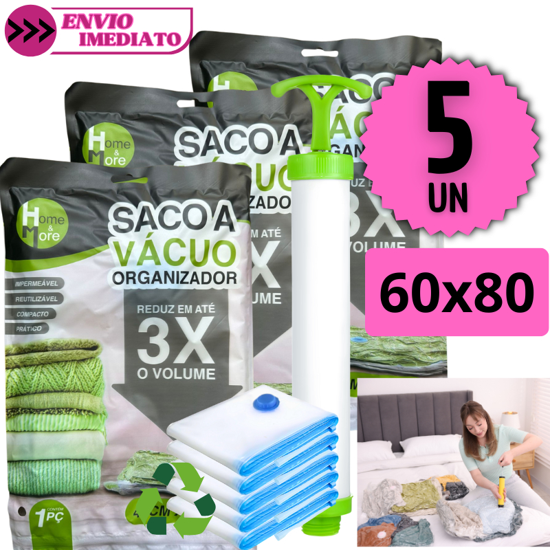 Kit 5 Sacos a Vácuo Organizador 60x80 Bomba Manual Reutilizável Roupas Viagem Compacto Impermeável