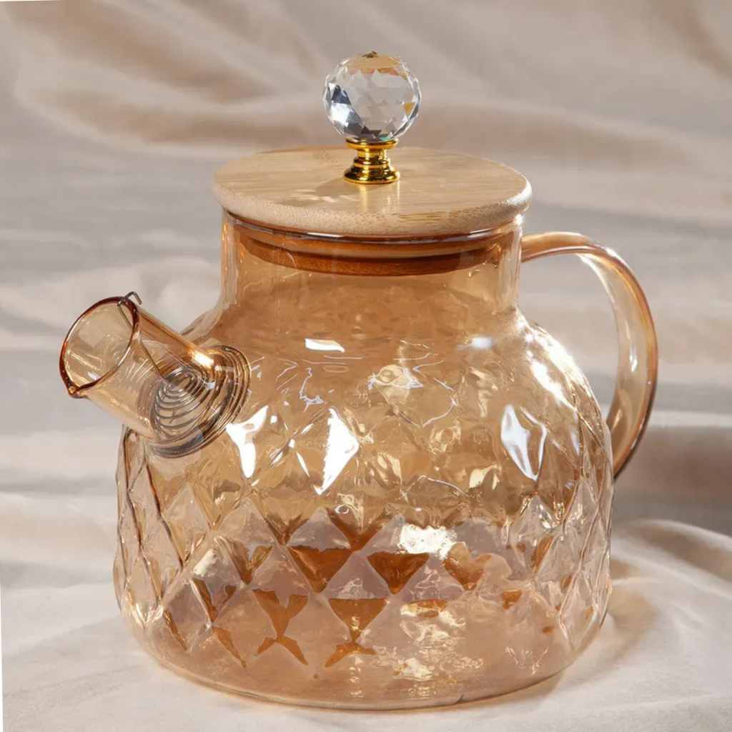 Chaleira de Vidro Tampa de Bambu 1L Jarra Bule infusor Resistente a Calor Borossilicato