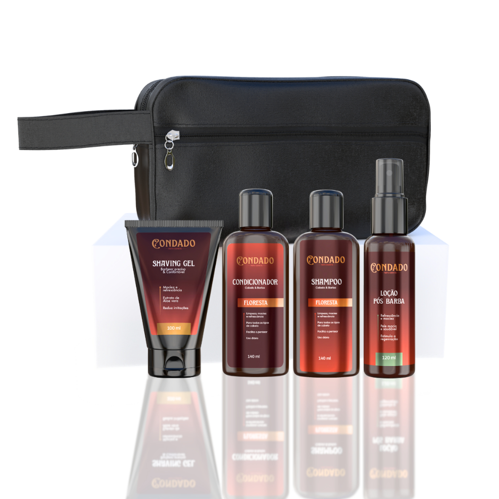 Kit Barbear Masculino Gel Shampoo Condicionador Loção Pós Barba Necessaire Cabelo Bigode Completo