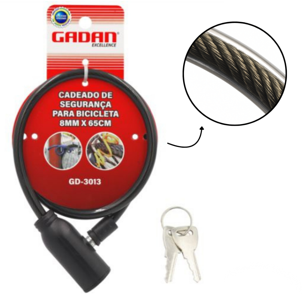 Trava com cadeado articulado para bicicleta  Bike Portão 2 chaves cabo de aço 8mm x 650mm em Oferta na Shopee