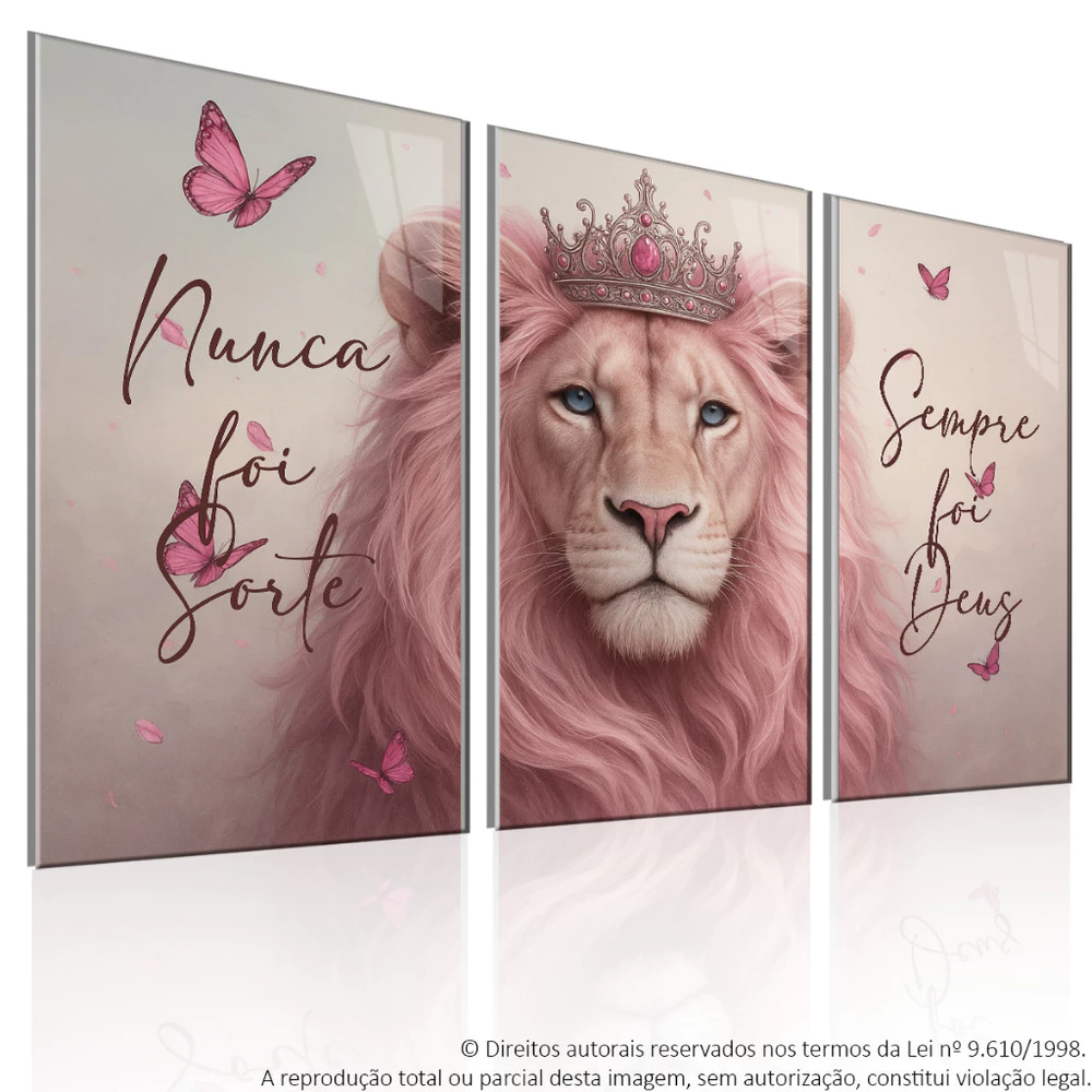 Quadro Decorativo 3 Peças Leão Rosa Borboleta Decoração Sala Quarto Escritório