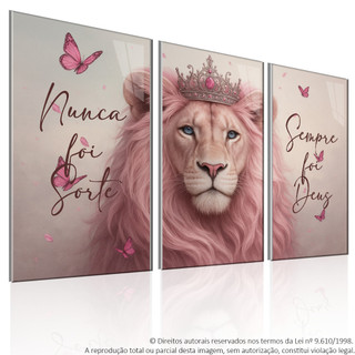 Quadro Decorativo 3 Peças Leão Rosa Borboleta Decoração Sala Quarto Escritório