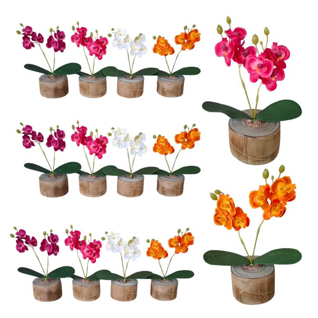 Kit 30 Arranjo Com Vaso Madeira Mini Orquídea Artificial Decoração Centro de Mesa Casamento Simples