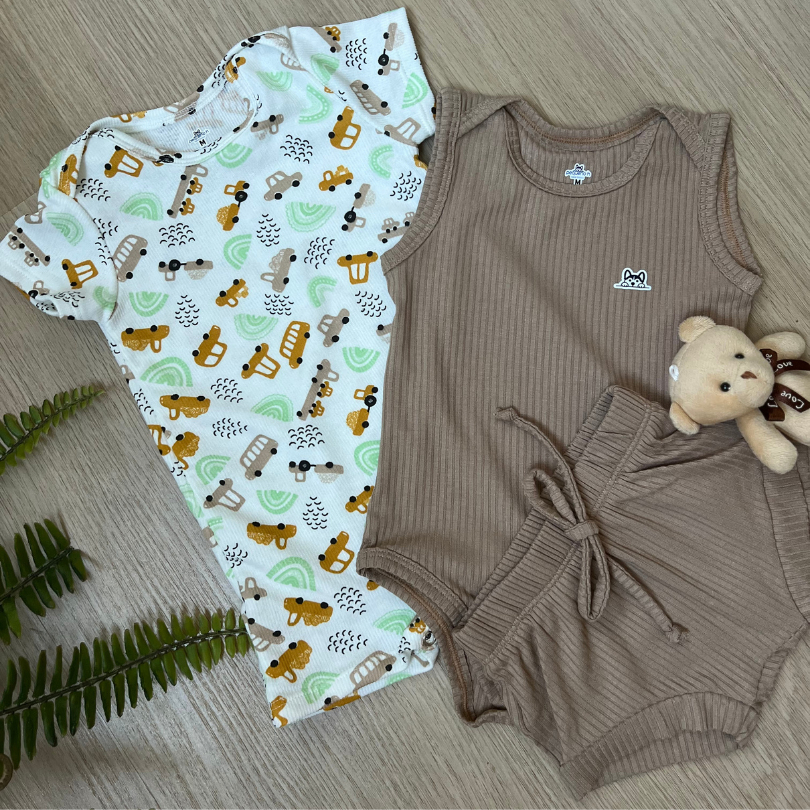 Kit 3 Peças Romper Body Cavado e Tapa Fralda Infantil Unissex Liso e Estampado Confortável em Oferta na Shopee