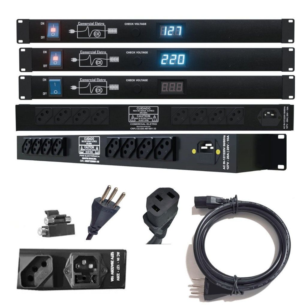 Regua AC Padrão Rack Distribuidor C/ 8 Tomadas  AC 3000-8T Com 8 Entradas 10A  1250W 110V 2500W 220V