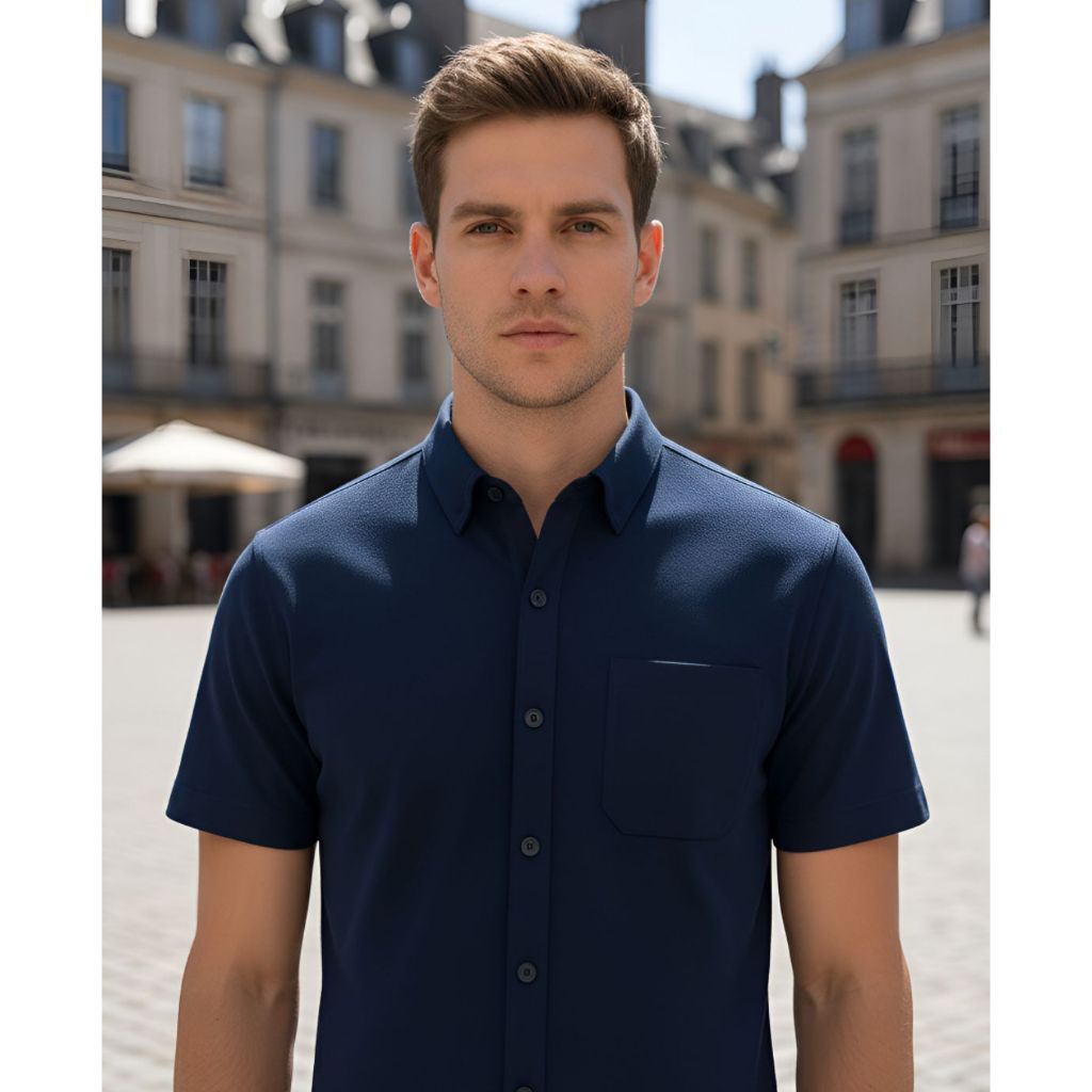 Camisa Social Masculina Manga Curta Básica Blusa Com Bolso Branca Preto