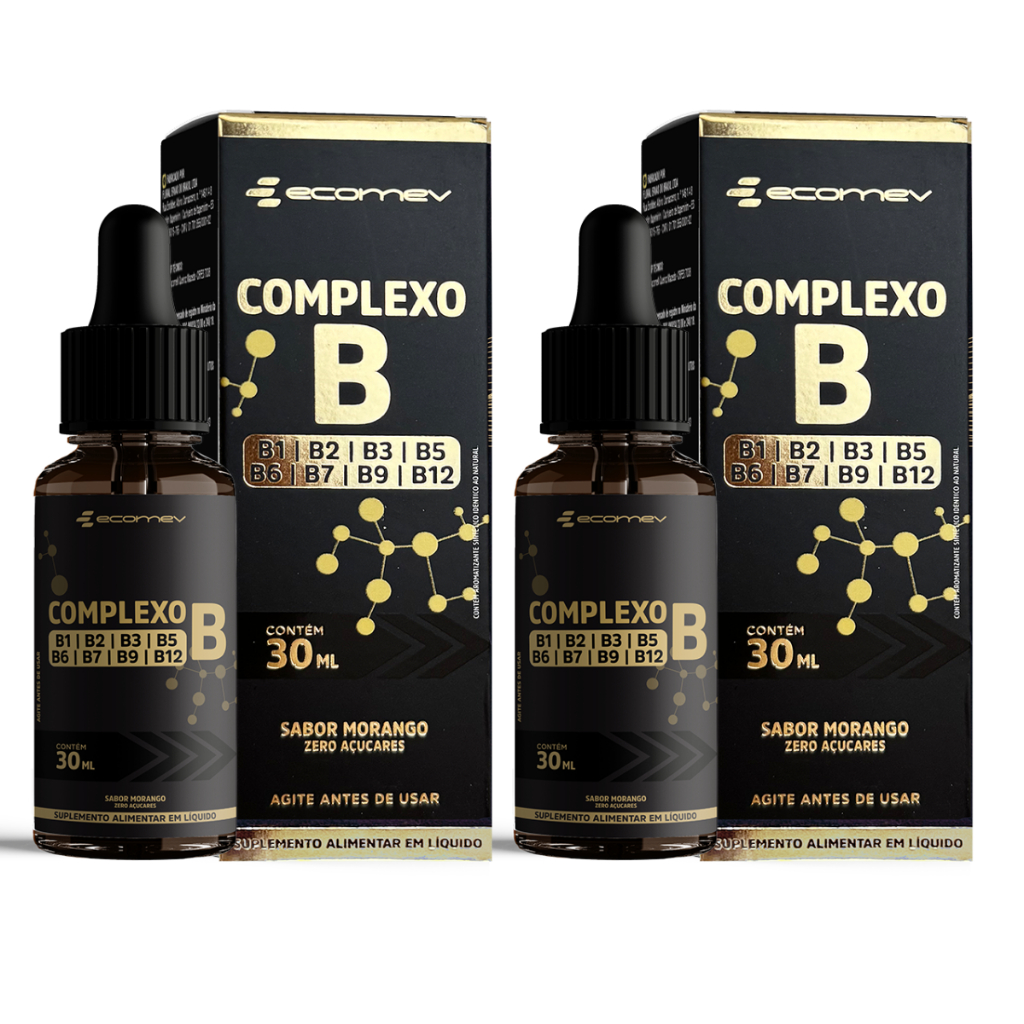 2x Complexo B Vegano Sublingual Concentrado Sem Açúcar - Sabor Morango 30ml - Ecomev