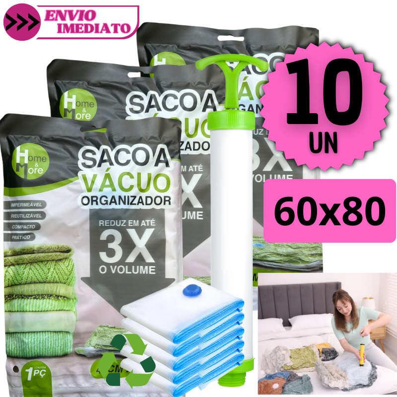 Kit 10 Sacos a Vácuo Organizador 60x80 Bomba Manual Reutilizável Roupas Viagem Compacto Impermeável