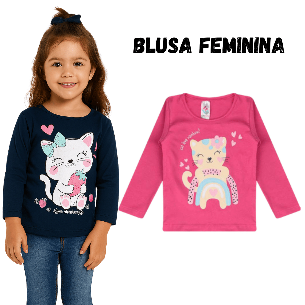 Blusa de Manga Longa Infantil Feminina - Cores e Estampas Sortidas - Tamanhos 1 ao 8