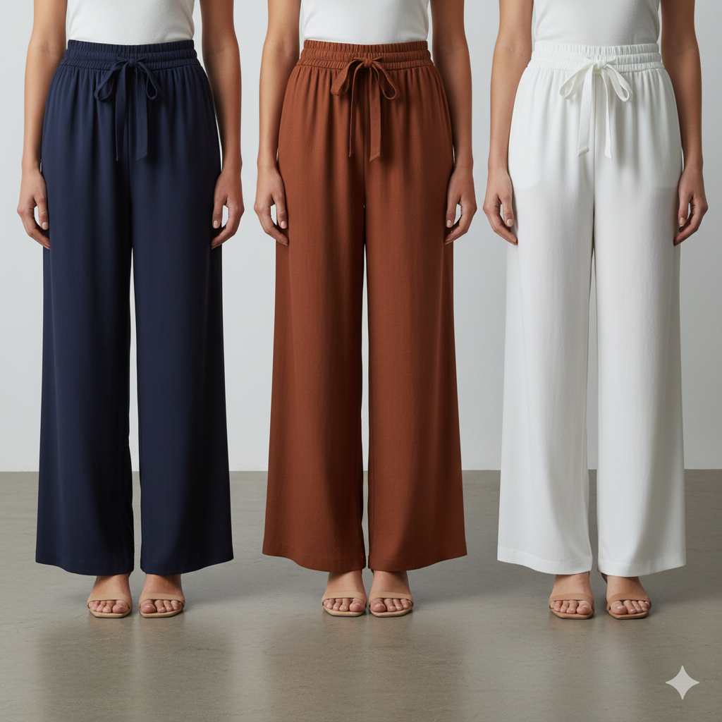 Kit Com 3 Calças Pantalona Feminina Cintura Alta Com Bolso