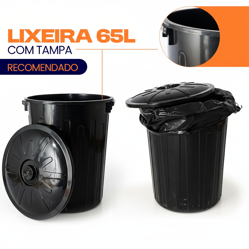 Lixeira 65 Litros Grande Redonda Multiuso Com Tampa Preta em Oferta na Shopee