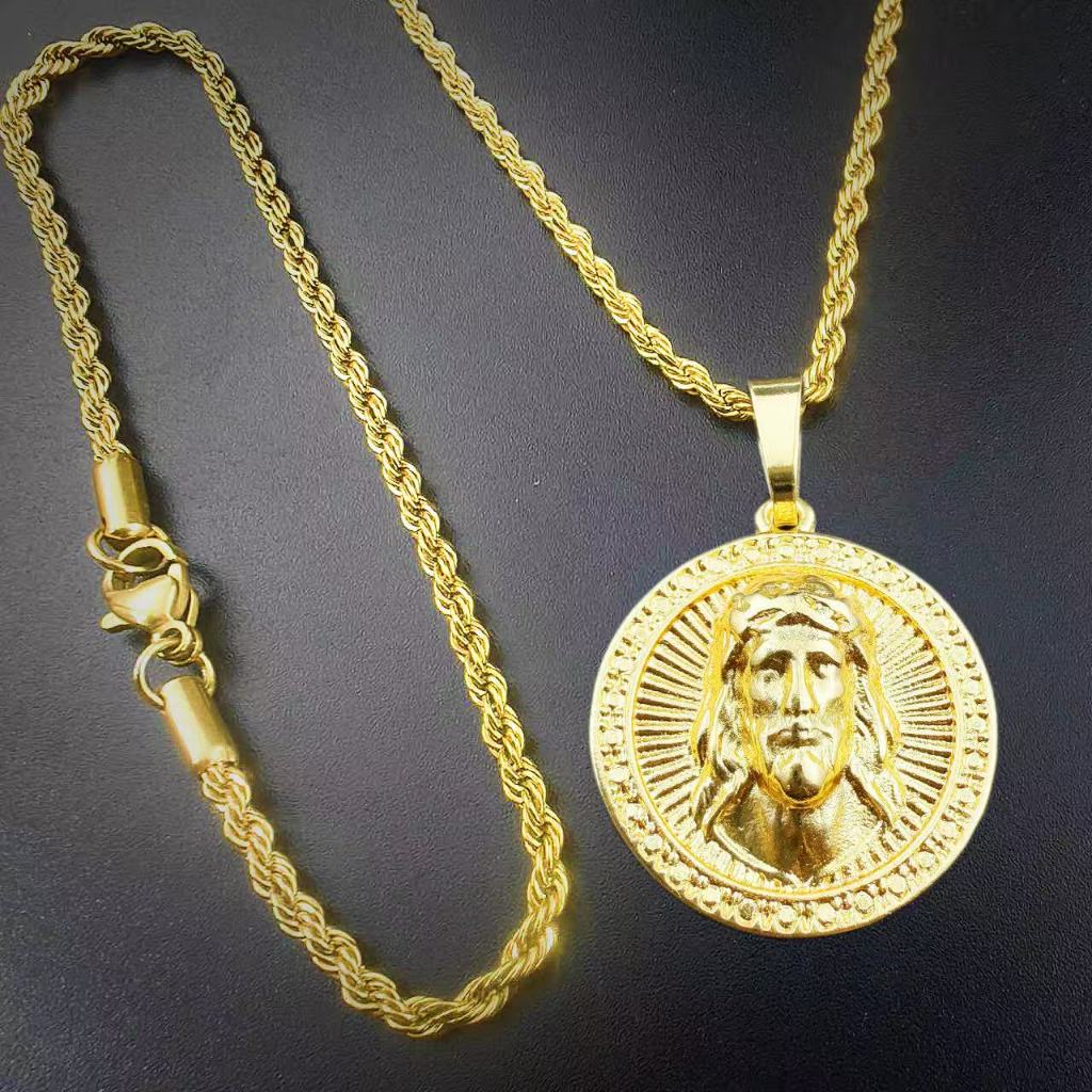 TB Presentes Conjunto Pulseira Pingente JESUS Coroa Buzeira Corrente Longa Caixa Banhada a Ouro 18K
