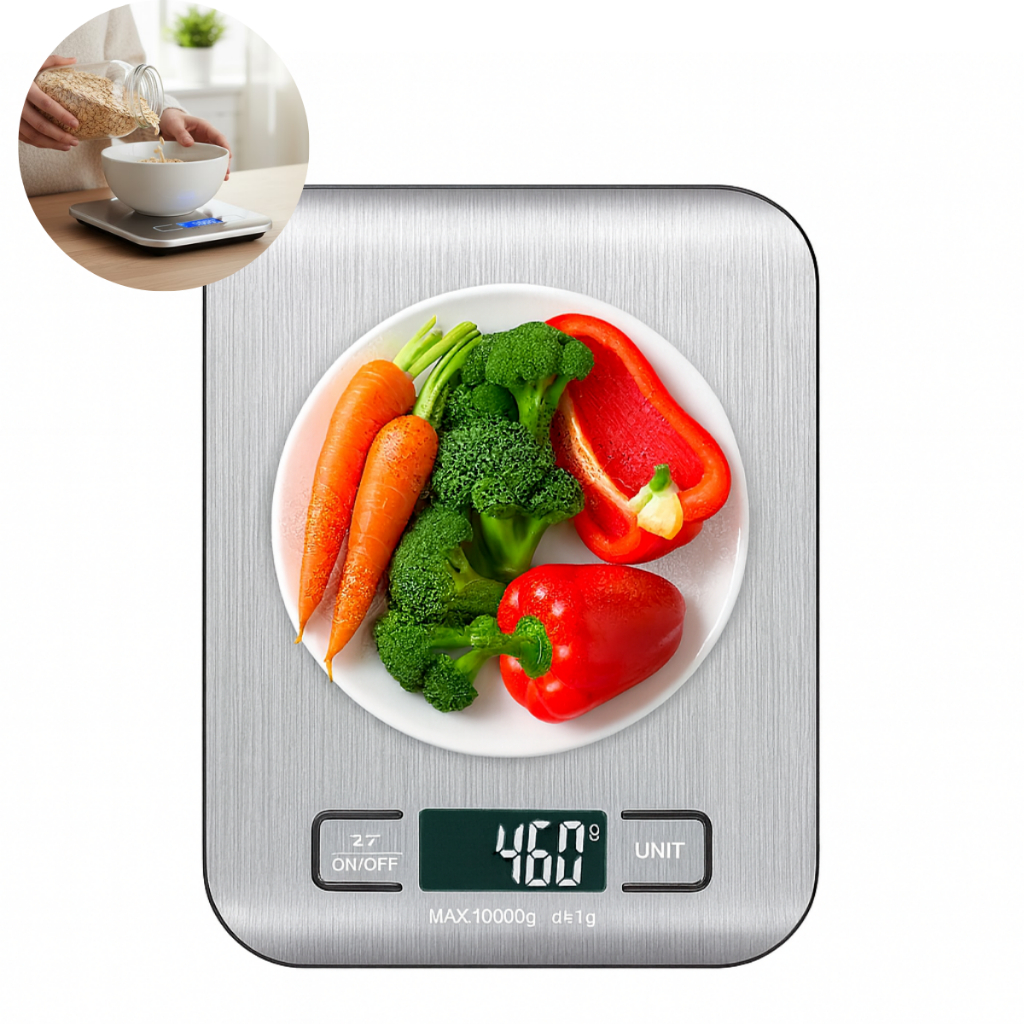 Balança Digital de Cozinha Inox alta precisão escala de 1g a 10kg com Visor digital Pilhas Inclusas