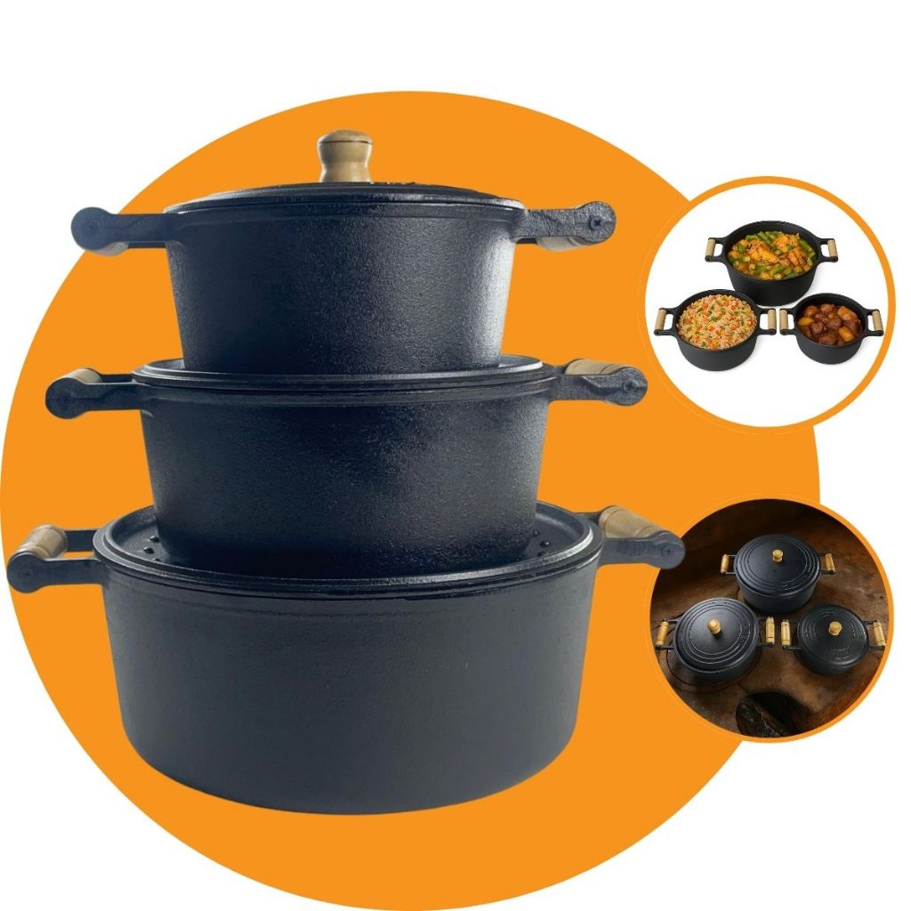 Conjunto 3 Caçarola Ferro Fundido 20cm 24cm 30cm Tampa Ferro e Alça de Madeira Fogão Indução Cooktop