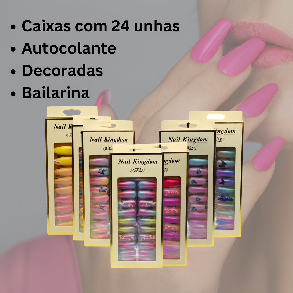 Unhas Postiças Cartela c/ 24 Unhas Bailarina Decoradas c/ Cola Autocolante