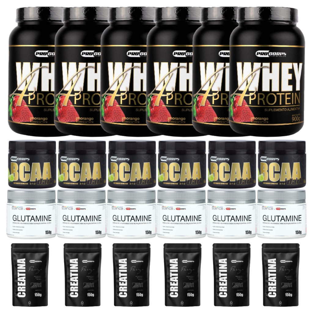 6 Whey Beta 4 Protein 900g + 6 Bcaa dark 150g  + 6 Creatina pura refil 150g + 6 Glutamina Pura 150g