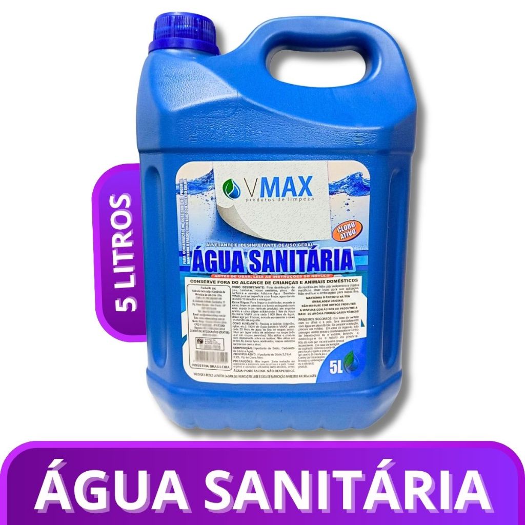 Agua Sanitaria 5 Litros VMAX Galao Desinfetante Alvejante Elimina Germes e Manchas Uso Domestico