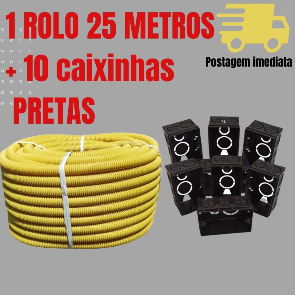 Kit conduite corrugado, eletroduto 25M reforçado + 10 caixinhas preta 4X2