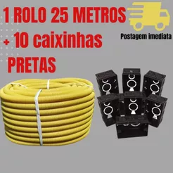 Kit conduite corrugado, eletroduto 25M reforçado + 10 caixinhas preta 4X2
