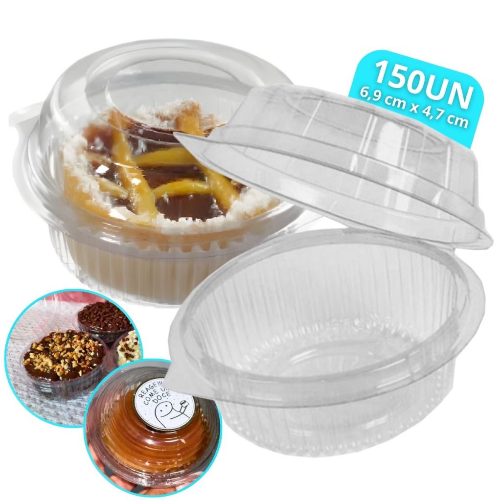 Embalagem Descartável Articulada PLástica Mini Doce Redondo Confeitaria Padaria 150 Unidades