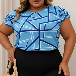 blusa feminina plus size elegante manga curta verão estampada em Oferta na Shopee