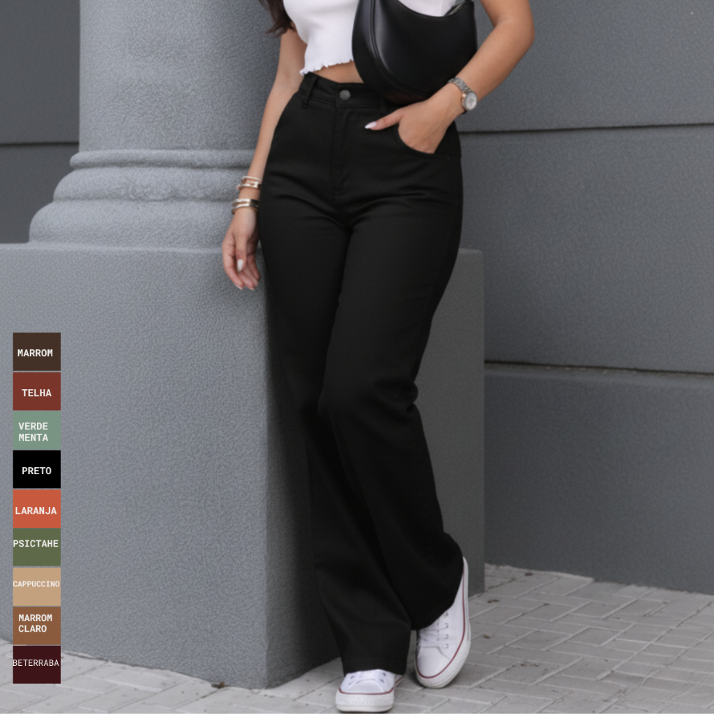 Calça Feminina Wide Leg Pantalona Cintura Alta Sarja Coloridas Top