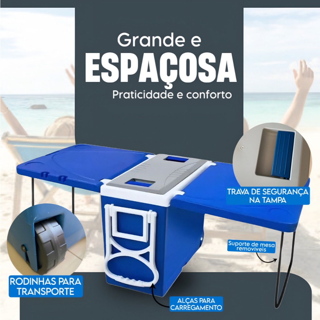 Caixa Térmica Cooler 32l Multifuncional 3 Em 1 Rodinha/mesa Azul