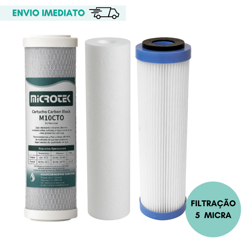 Kit Carvão Ativado Retira Cloro + Plissado + Melt Blown 9.3/4'' Retenção Partículas Lodo Barro Areia