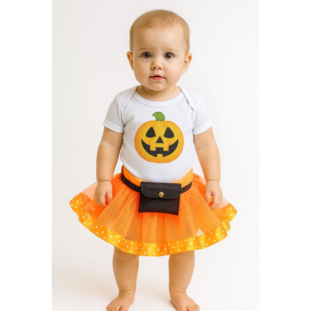 Conjunto Infantil Temático Body Halloween Bebê Menina Infantil Abóbora Mesversário E Saia Laranja Tule Tutu Roupa Festa