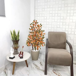 Arranjo Artificial Fícus Outono Vaso Cone Mármore Pedra Decoração