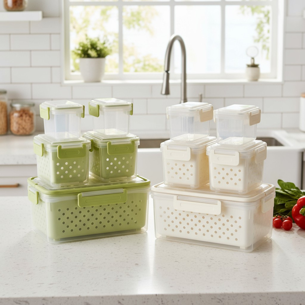 Potes Herméticos Top Rio - Com Cesto Organizador - Geladeira Frutas Legumes - Kit 5 Peças