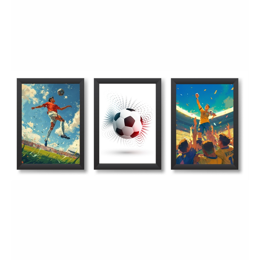 Kit 3 Quadros Decorativos Futebol Jogadores Bola Decoração Esporte Moldura 20x30cm Madeira Vidro Cor Preta