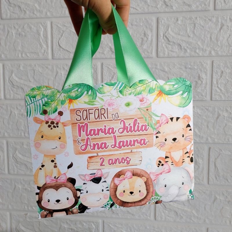 Sacolinha Surpresa Horizontal tema Safari Baby Aquarela menina FAZEMOS EM QUALQUER TEMA lembrancinhas e personalizados