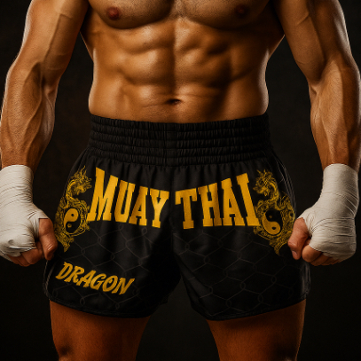 Short Muay Thai Dragon Masculino – Shorts Boxe / MMA / Kickboxing – Dourado e Rosa  –  Treino e Luta
