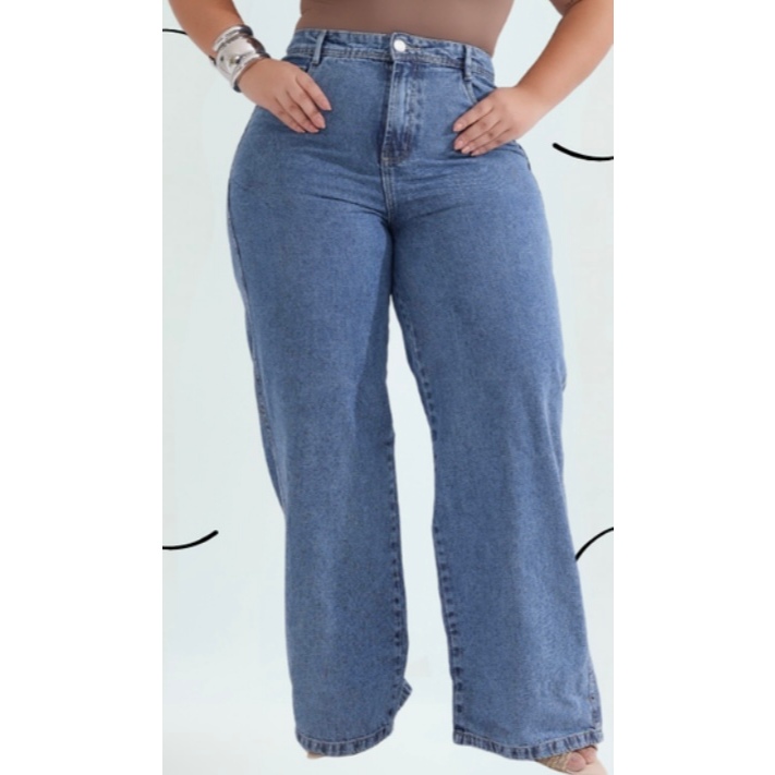 Calça Jeans Feminina Wide leg Plus Size Azul Marmorizado Claro Cintura Alta