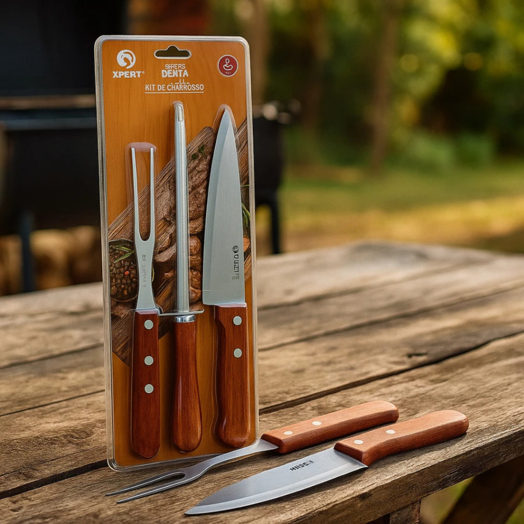 Kit Conjunto 3 Peças Para Churrasco Faca Facão Chaira Garfo Com Cabo de Madeira Aço Inox