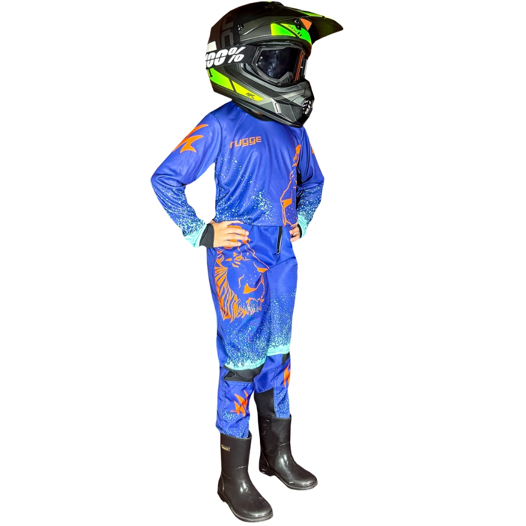 Conjunto Motocross Infantil Azul/Laranja Rugge Roupa Trilha Bike Velocross