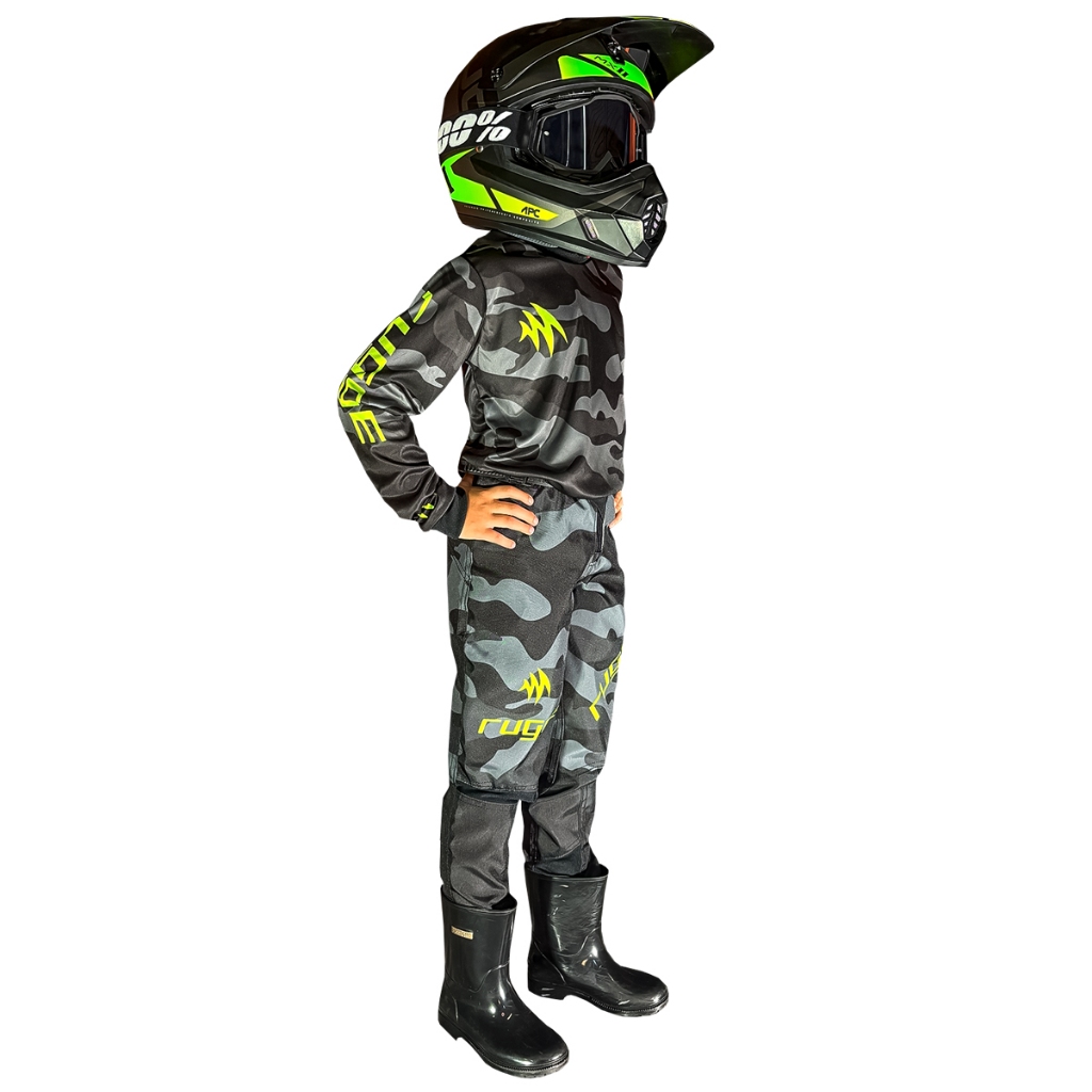CONJUNTO INFANTIL ROUPA CAMUFLADO NEON MOTOCROSS BIKE TRILHA ENDURO VELOCROSS CAMUFLADO NEON