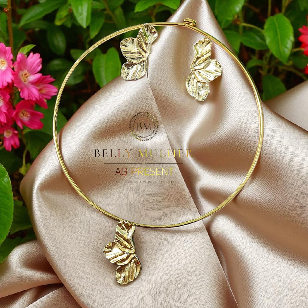 Conjunto Colar Choker Aro e Brincos Folheados a Ouro 18K