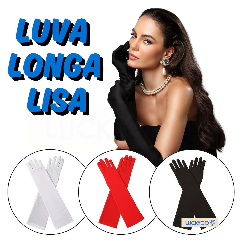 Luva Longa Lisa 42cm Preto/Branco/ Vermelho Evento Casamento Debutante Festa Retrô e Fantasia Cosplay Natal Halloween