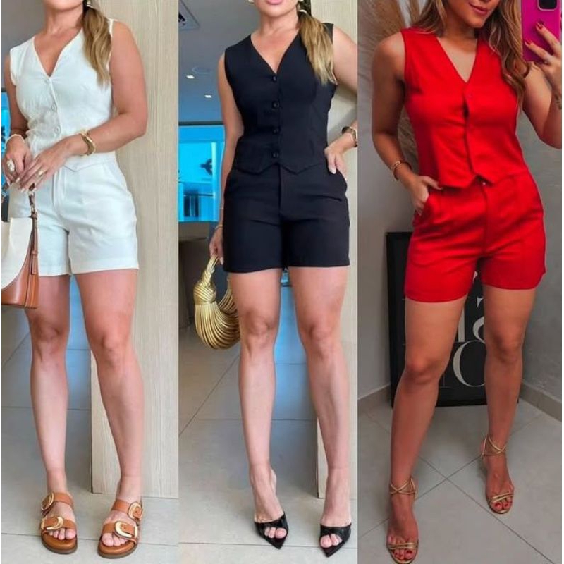 CONJUNTO SHORT COM COLETE ALFAIATARIA FEMININO