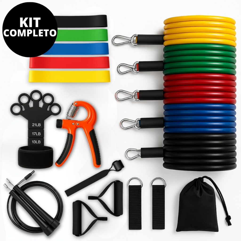Imagem Kit Treino Academia Casa Completo Funcional Elástico Extensor Miniband Corda Pular Força Emagrecer