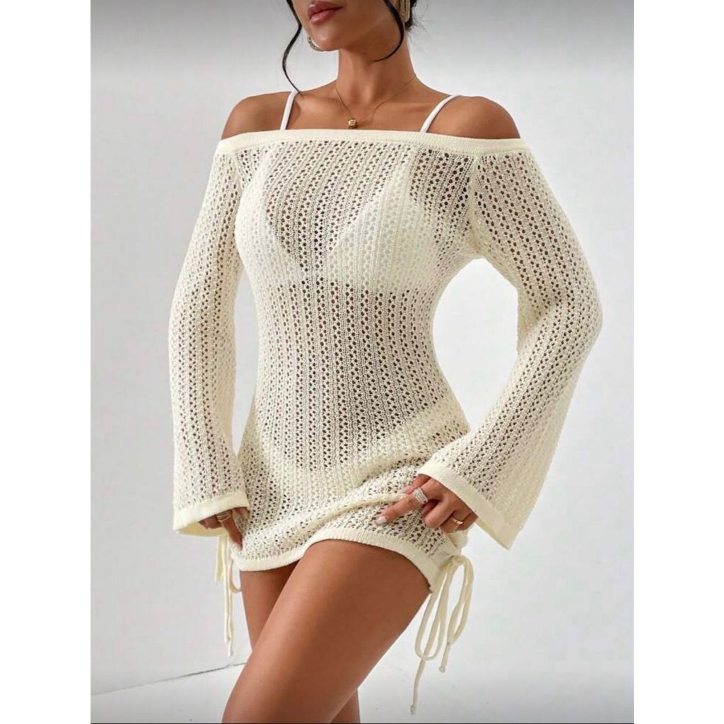 Vestido saída de praia ombro a ombro estilo boho manga morcego moda verão