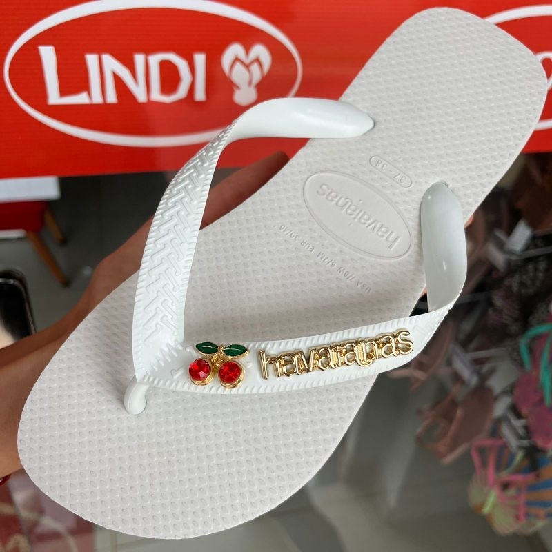 Chinelo Havaianas Top Feminina Branco Original Personalizado Pingentes Cereja Sandália Decorada