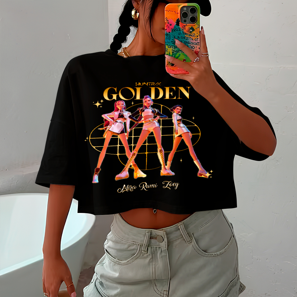 Blusa Cropped Oversized Feminino Hudrix Guerreira Do Kpop Golden Music Song Grupo Coreano Desenho