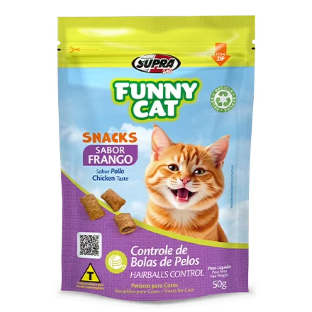 Funny Cat Frango 50g Petisco para gatos Controle de bolas de pelos.