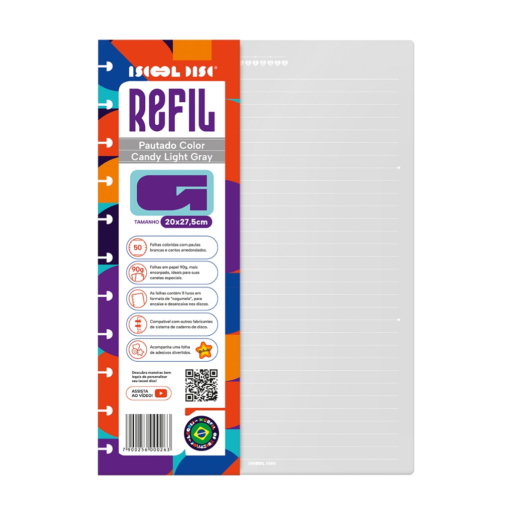 Refil Caderno De Disco Iscool Pauta Branca Color Candy 50 Folhas 90g Grande
