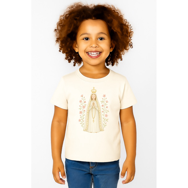 Camiseta Unissex Infantil Nossa Senhora de Fátima Blusa 100% Algodão Estampa Católica