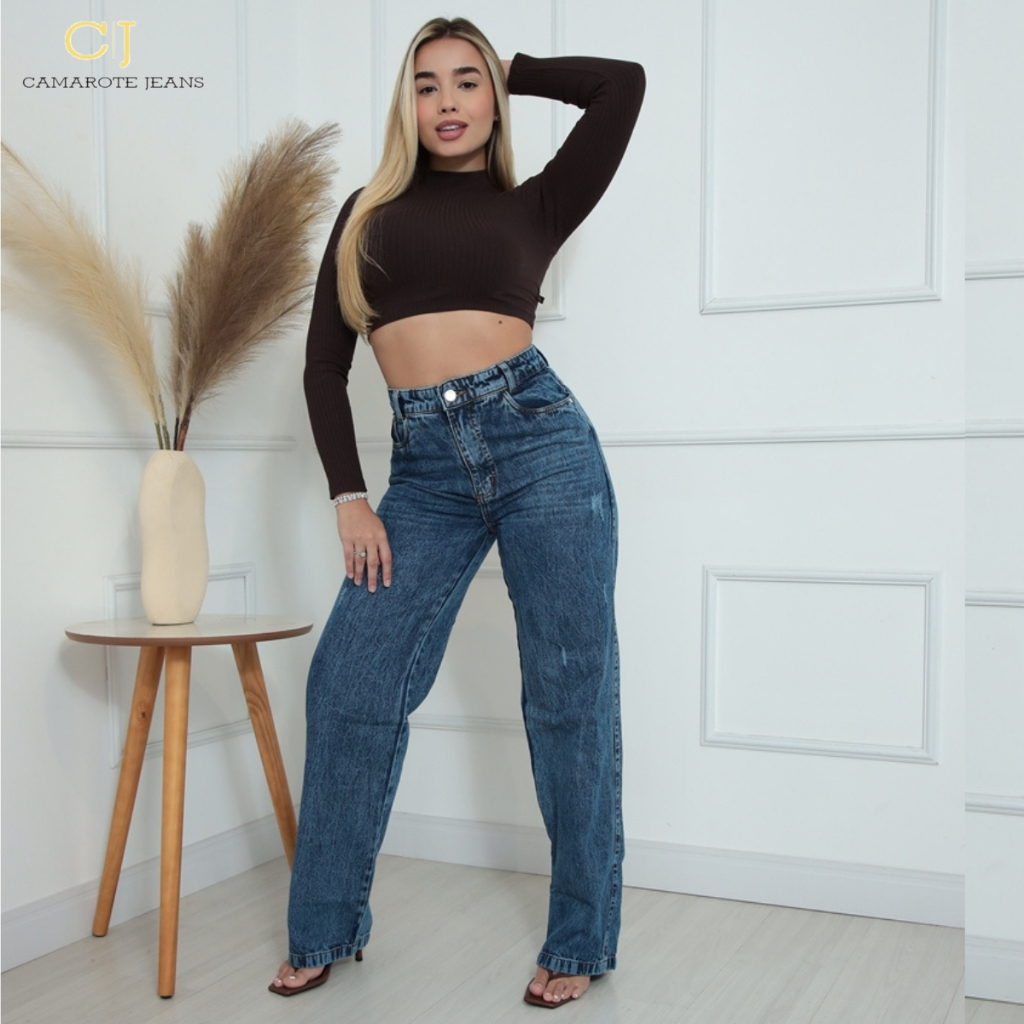 Calça Jeans Feminina Wide Leg Pantalona Marmorizada Cintura Alta 100% Algodão Premium