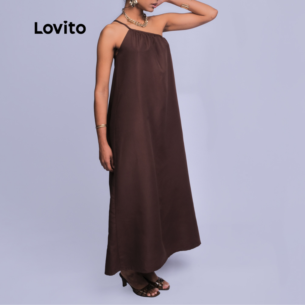 Lovito Vestido Um Ombro Só  Longo Marrom Moda Elegante Liso Feminino LB605BRL635 em Oferta na Shopee